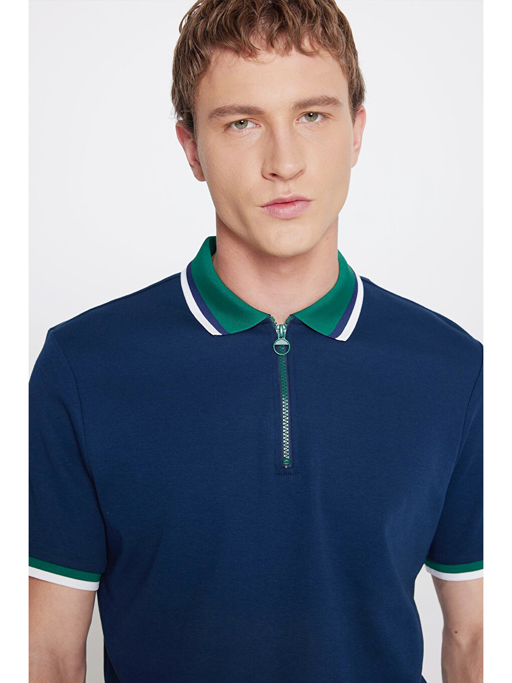 Erkek Lacivert-yeşil Regular Fit Geniş Kesim Polo Yaka %100 Pamuk Tişört-3