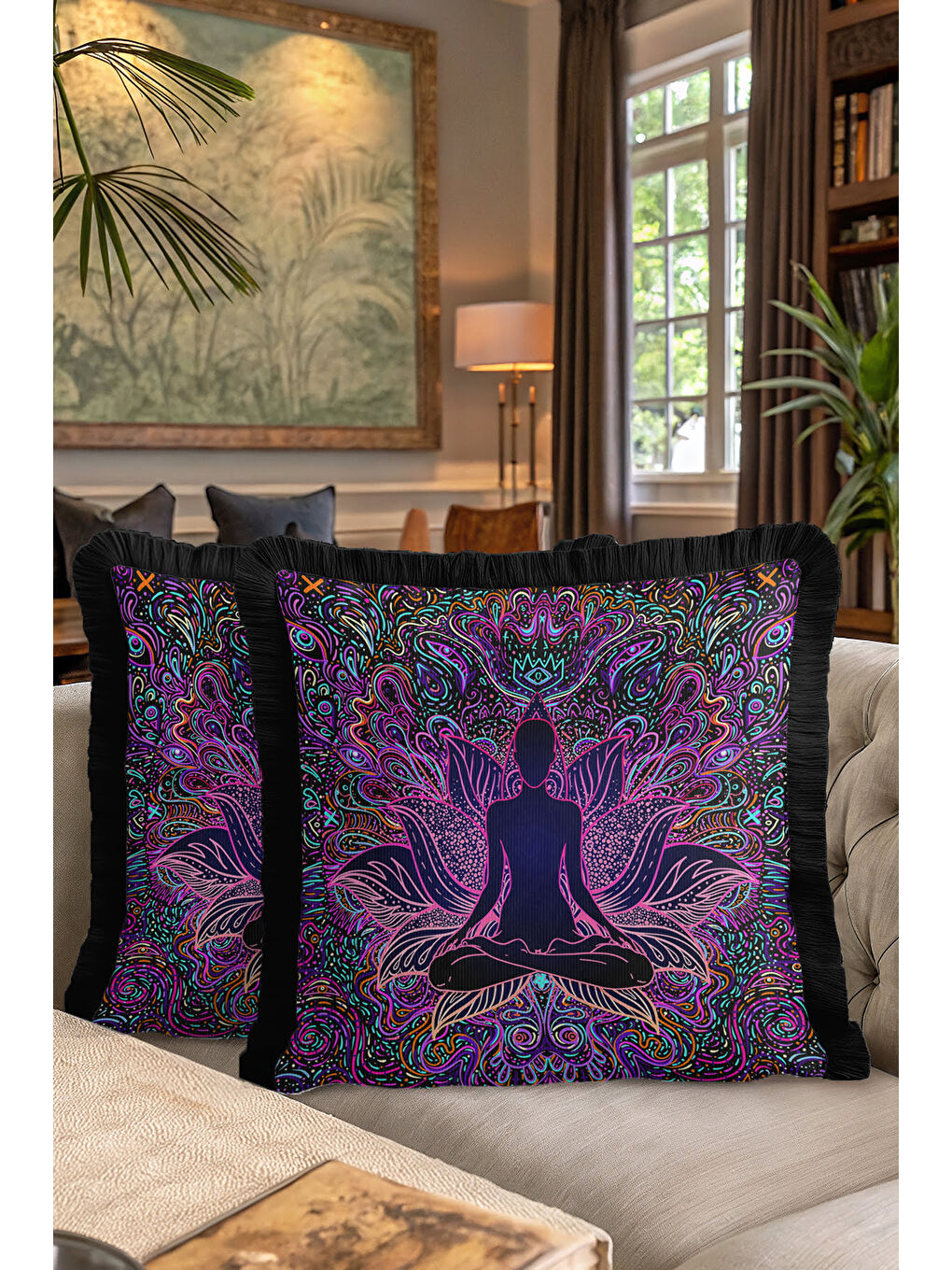 Karışık Mandala Ruhlu Renkli Saçaklı Yastık Kılıfı - Meditasyon Lotus Bohem Mor Püsküllü Kırlent Kılıfı-7