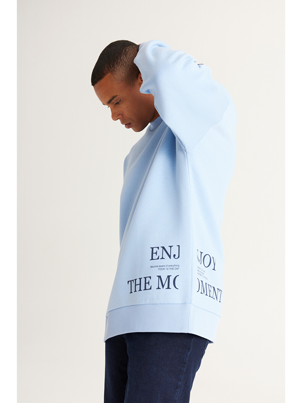 Erkek Açık Mavi Oversize Fit Bol Kesim İçi Polarlı Pamuklu Baskılı Sweatshirt-2