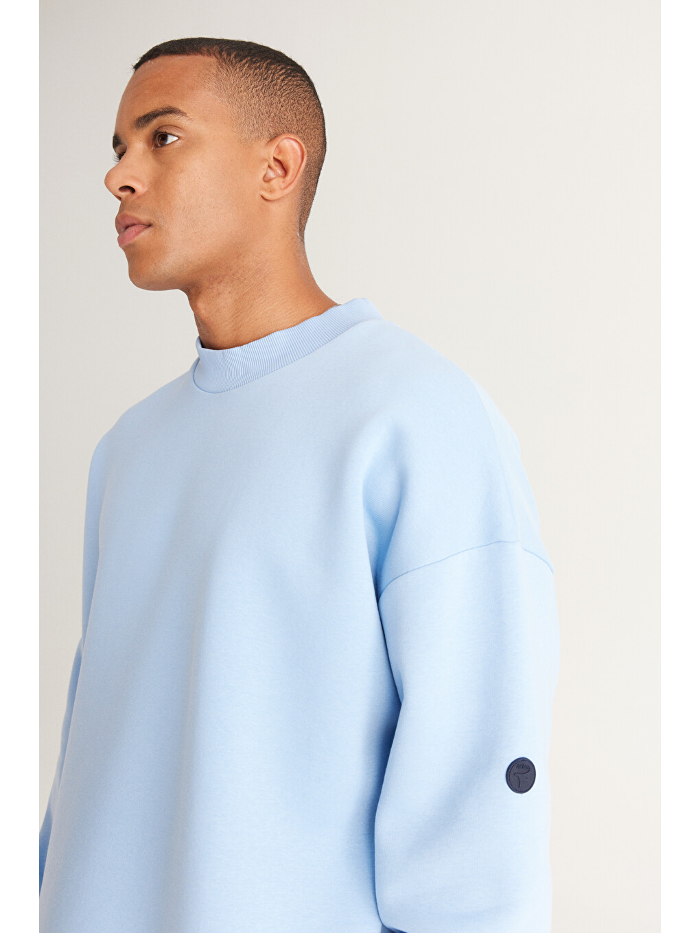 Erkek Açık Mavi Oversize Fit Bol Kesim İçi Polarlı Pamuklu Baskılı Sweatshirt-3