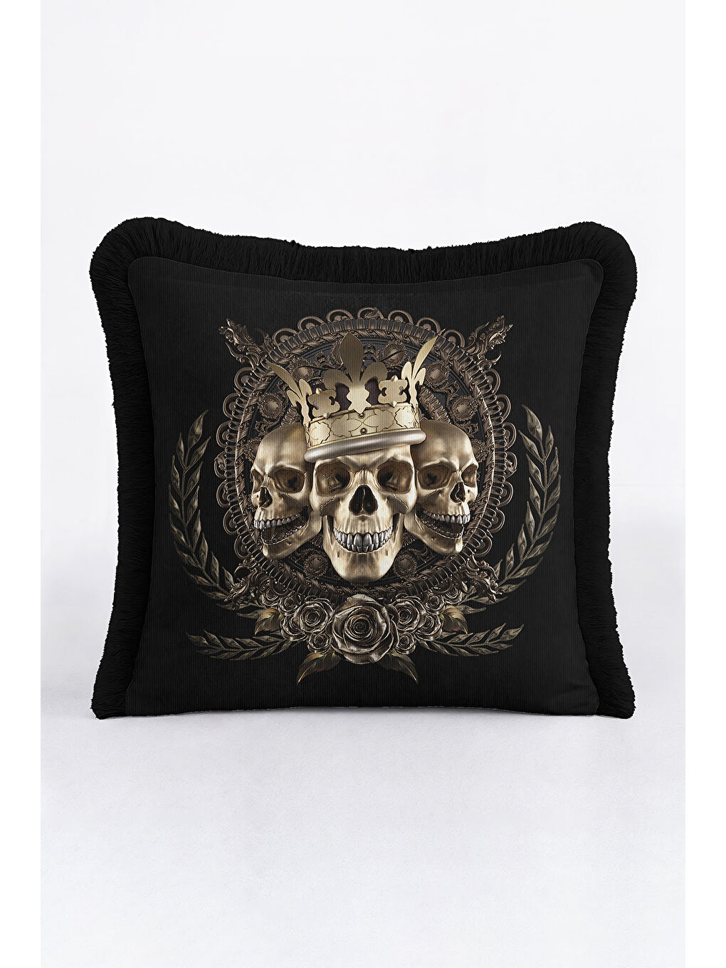 Karışık Barok Kraliyet Temalı Saçaklı Yastık Kılıfı - Gotik Vintage Siyah Altın Renk Püsküllü Kırlent Kılıfı-1