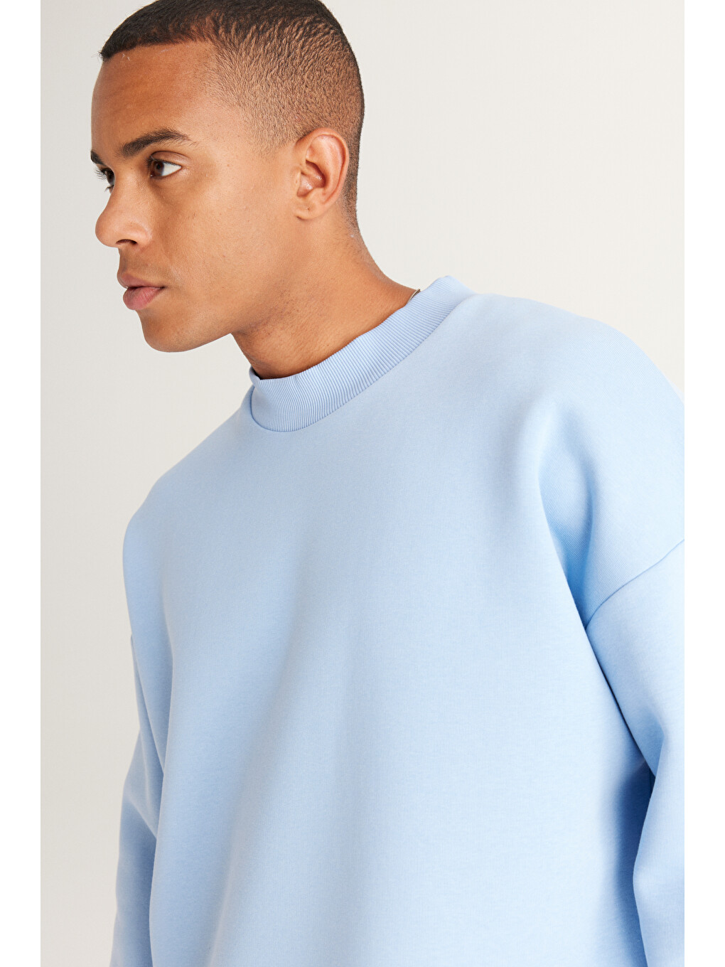 Erkek Açık Mavi Oversize Fit Bol Kesim İçi Polarlı Pamuklu Baskılı Sweatshirt-4