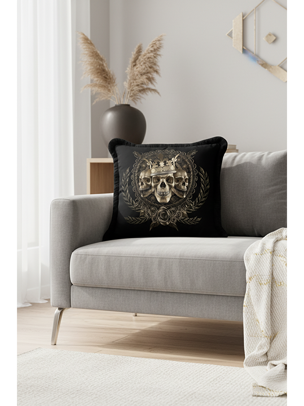 Karışık Barok Kraliyet Temalı Saçaklı Yastık Kılıfı - Gotik Vintage Siyah Altın Renk Püsküllü Kırlent Kılıfı-2