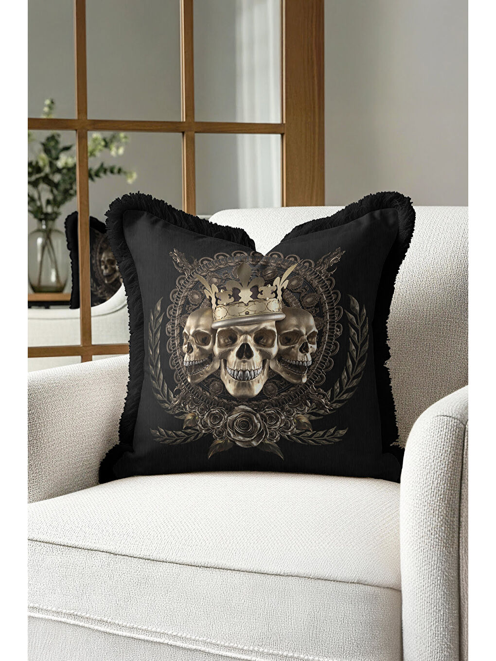 Karışık Barok Kraliyet Temalı Saçaklı Yastık Kılıfı - Gotik Vintage Siyah Altın Renk Püsküllü Kırlent Kılıfı-3