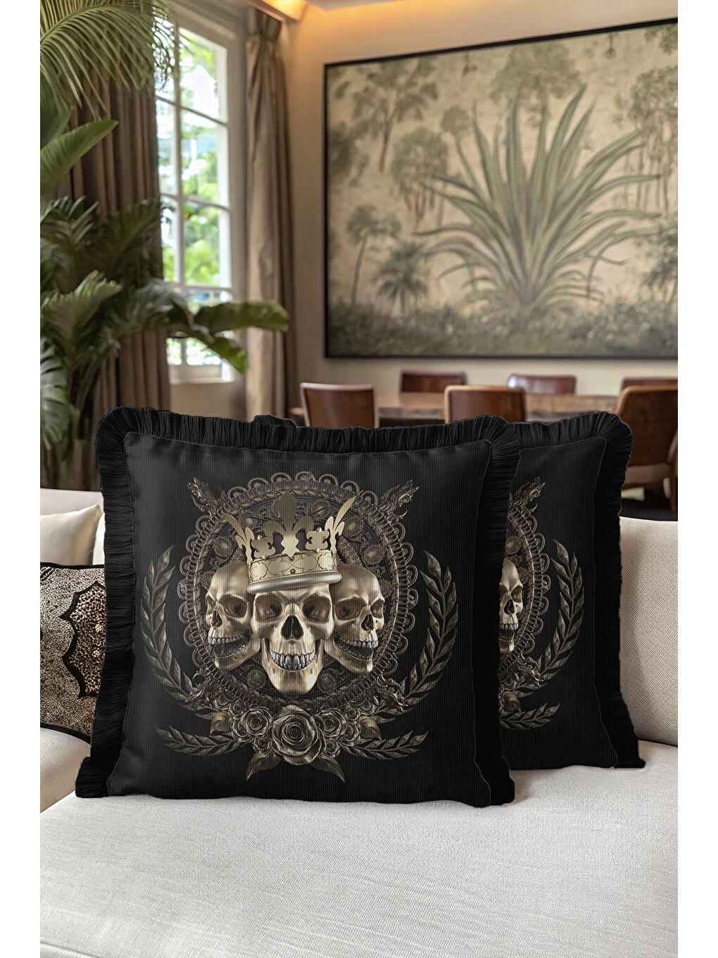 Karışık Barok Kraliyet Temalı Saçaklı Yastık Kılıfı - Gotik Vintage Siyah Altın Renk Püsküllü Kırlent Kılıfı-5