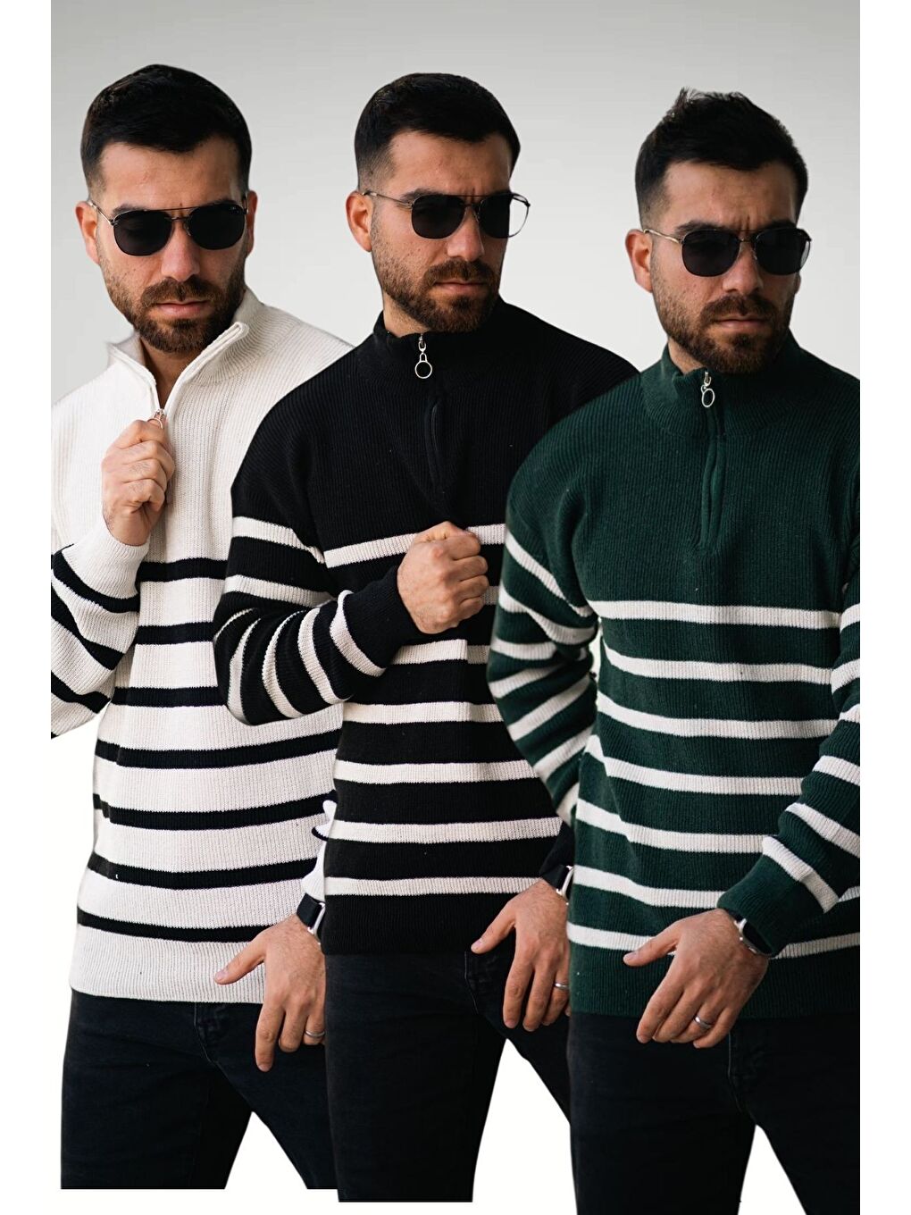 Karışık Beyaz Siyah Yeşil Yarım Fermuar Çizgili Dik Yaka Triko Erkek Kazak 3'lü Set