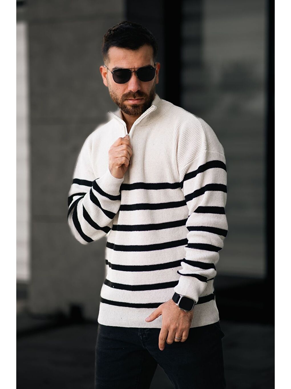 Karışık Beyaz Siyah Yeşil Yarım Fermuar Çizgili Dik Yaka Triko Erkek Kazak 3'lü Set-1