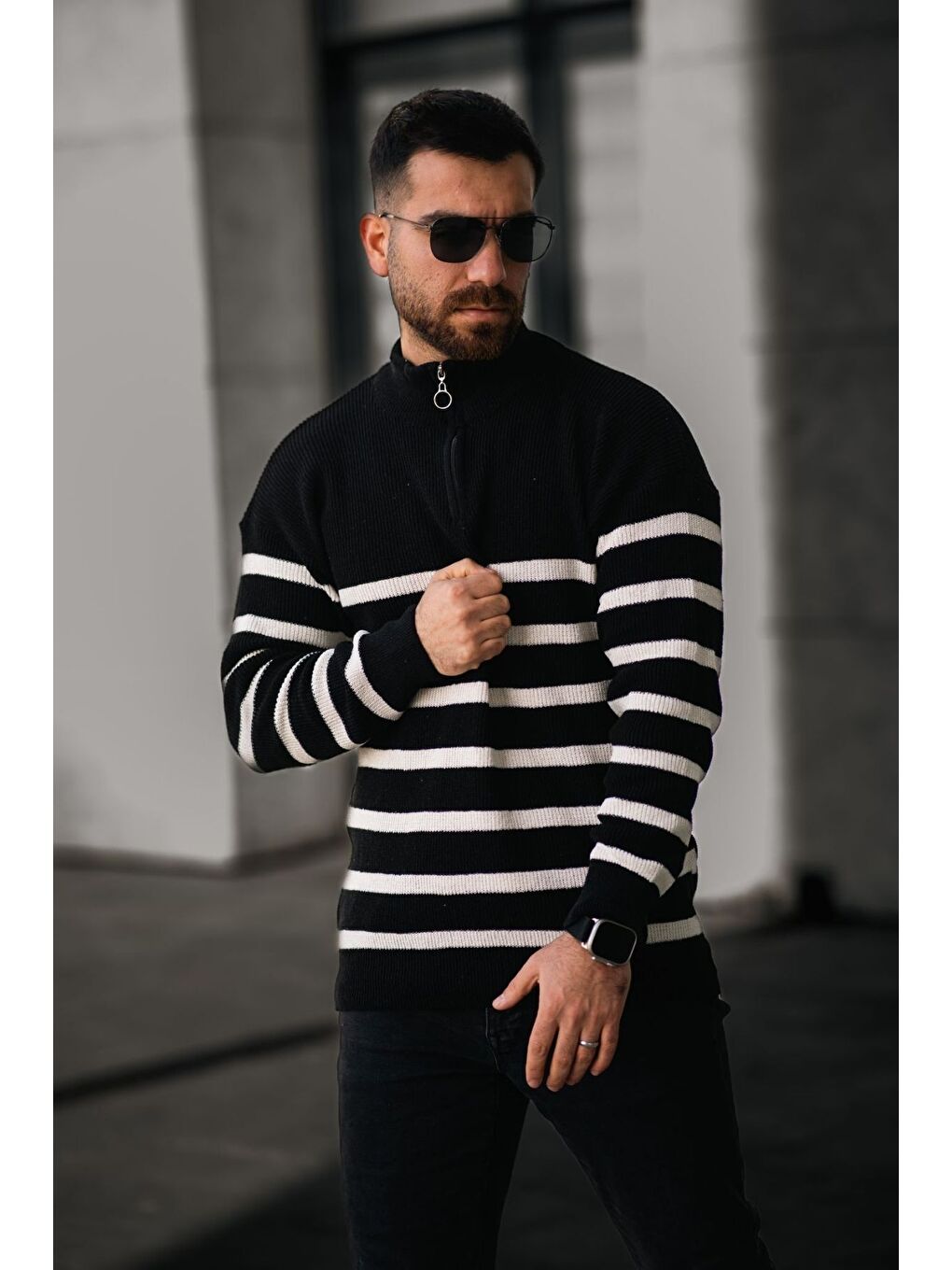 Karışık Beyaz Siyah Yeşil Yarım Fermuar Çizgili Dik Yaka Triko Erkek Kazak 3'lü Set-2