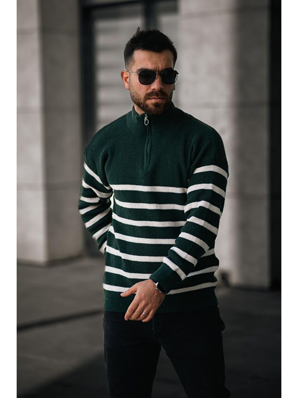 Karışık Beyaz Siyah Yeşil Yarım Fermuar Çizgili Dik Yaka Triko Erkek Kazak 3'lü Set-3