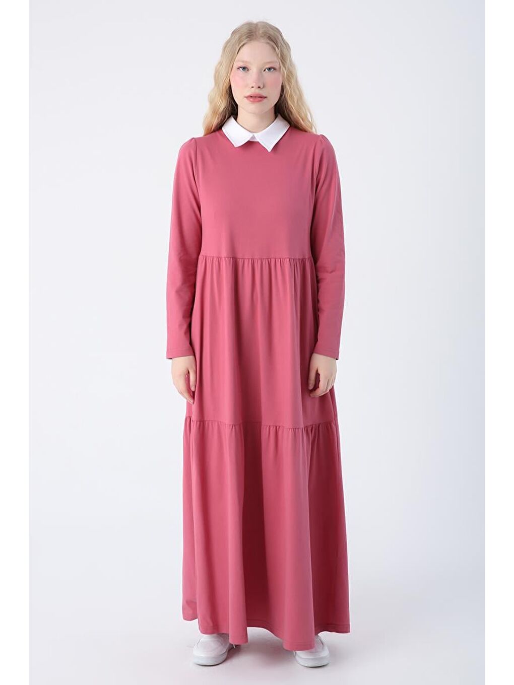 Pembe Gül Kurusu Pamuklu Gömlek Yaka Cepli Fırfırlı Örme Elbise-1