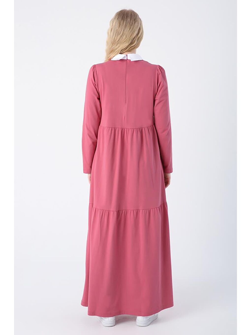 Pembe Gül Kurusu Pamuklu Gömlek Yaka Cepli Fırfırlı Örme Elbise-3