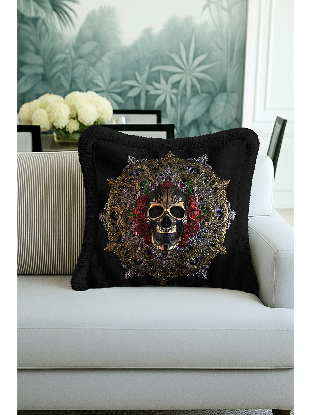 Karışık Barok Lüks Saçaklı Yastık Kılıfı - Gotik Süslemeli Siyah Altın Renkli Püsküllü Kırlent Kılıfı-2
