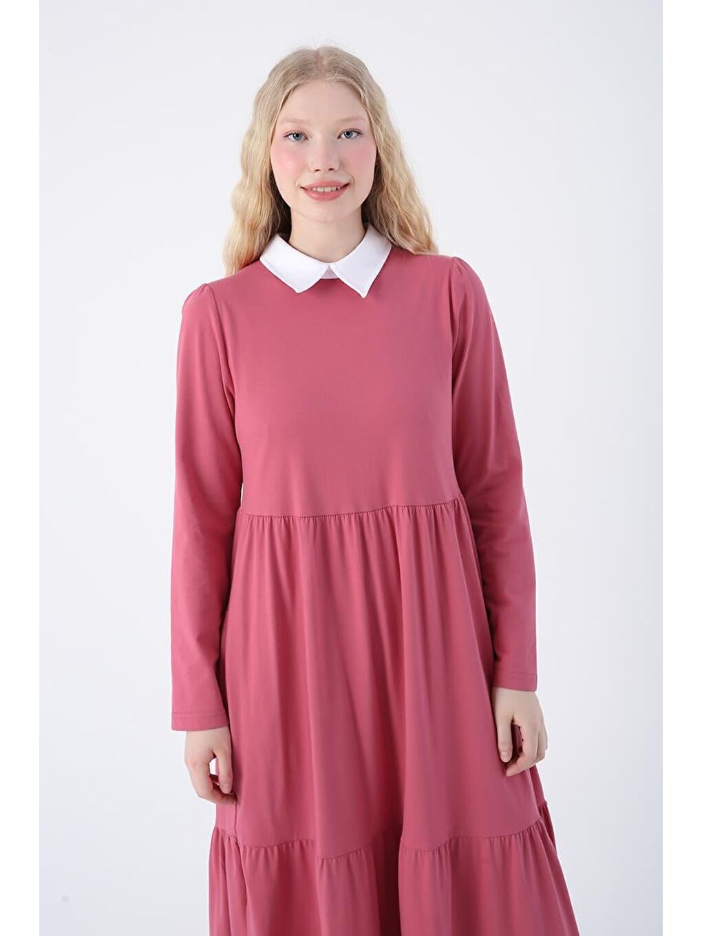 Pembe Gül Kurusu Pamuklu Gömlek Yaka Cepli Fırfırlı Örme Elbise-4