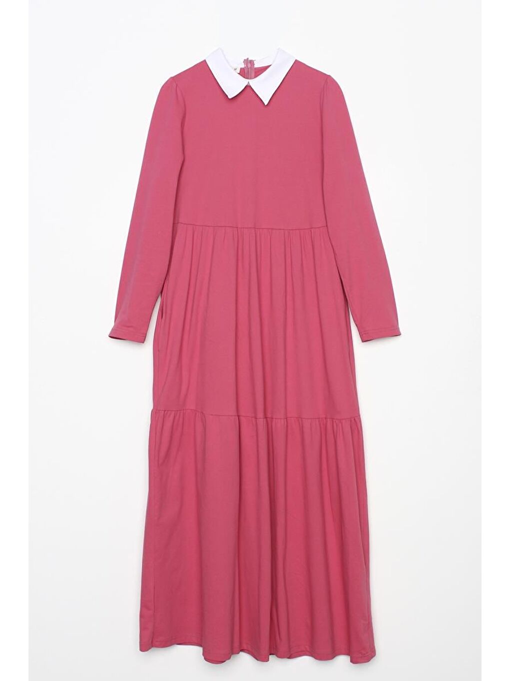 Pembe Gül Kurusu Pamuklu Gömlek Yaka Cepli Fırfırlı Örme Elbise-5