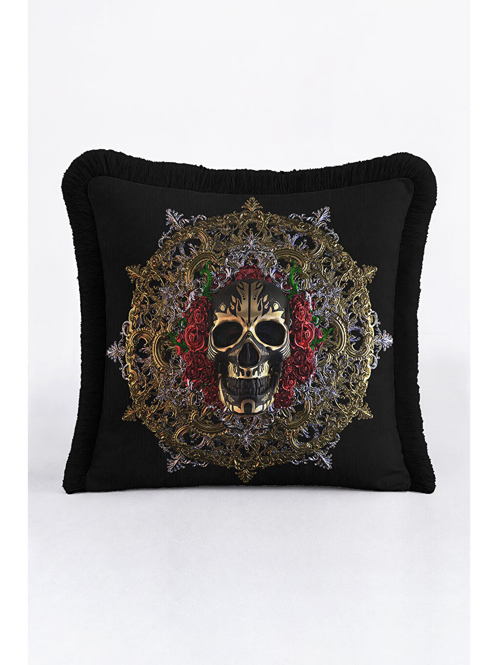 Karışık Barok Lüks Saçaklı Yastık Kılıfı - Gotik Süslemeli Siyah Altın Renkli Püsküllü Kırlent Kılıfı-3