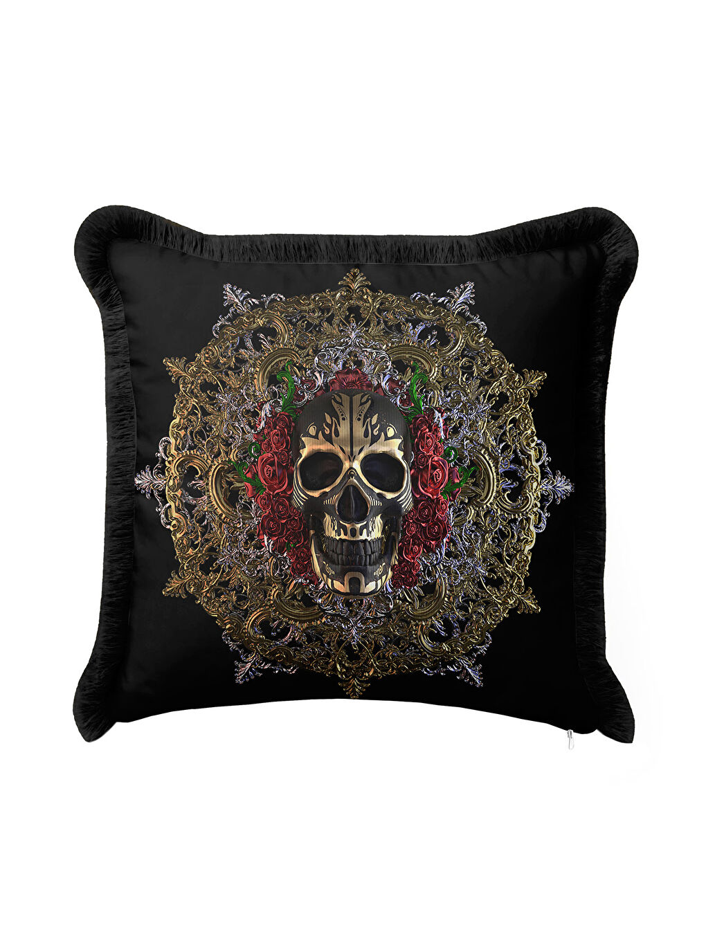 Karışık Barok Lüks Saçaklı Yastık Kılıfı - Gotik Süslemeli Siyah Altın Renkli Püsküllü Kırlent Kılıfı-4