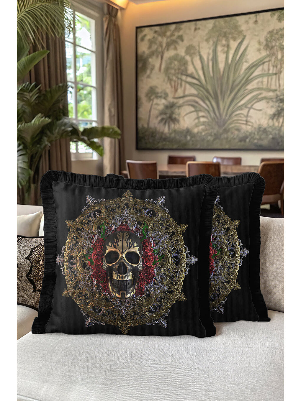 Karışık Barok Lüks Saçaklı Yastık Kılıfı - Gotik Süslemeli Siyah Altın Renkli Püsküllü Kırlent Kılıfı-5