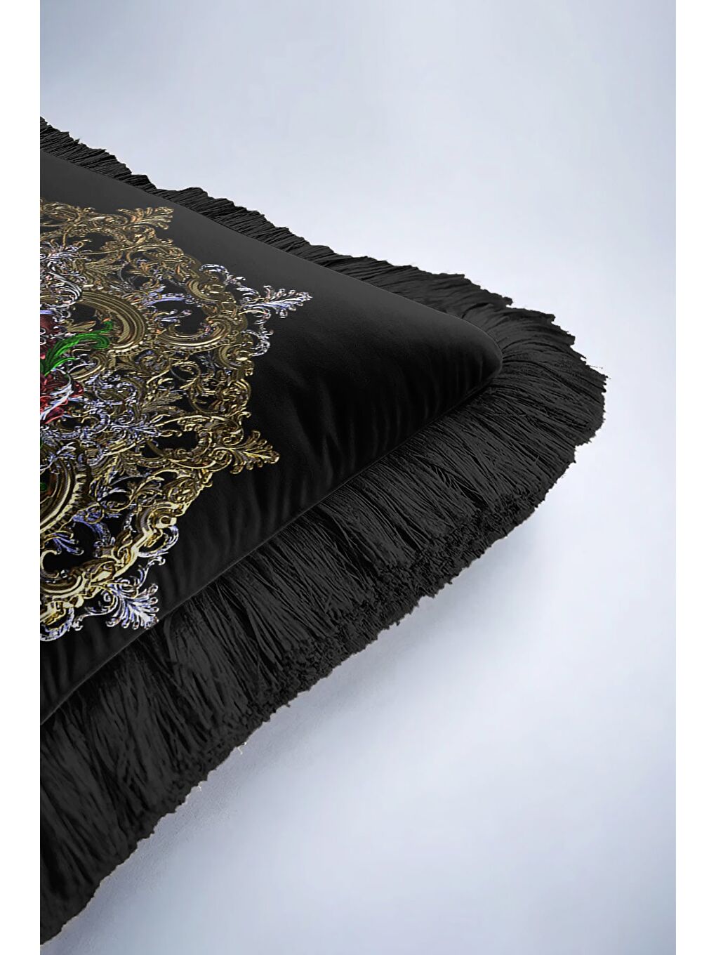 Karışık Barok Lüks Saçaklı Yastık Kılıfı - Gotik Süslemeli Siyah Altın Renkli Püsküllü Kırlent Kılıfı-6
