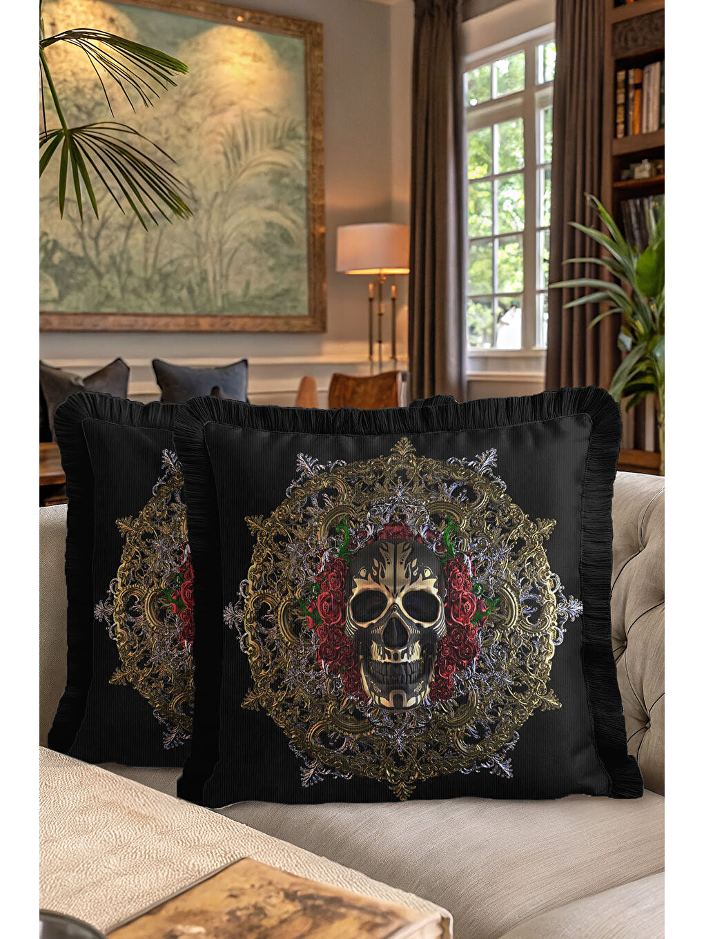 Karışık Barok Lüks Saçaklı Yastık Kılıfı - Gotik Süslemeli Siyah Altın Renkli Püsküllü Kırlent Kılıfı-7