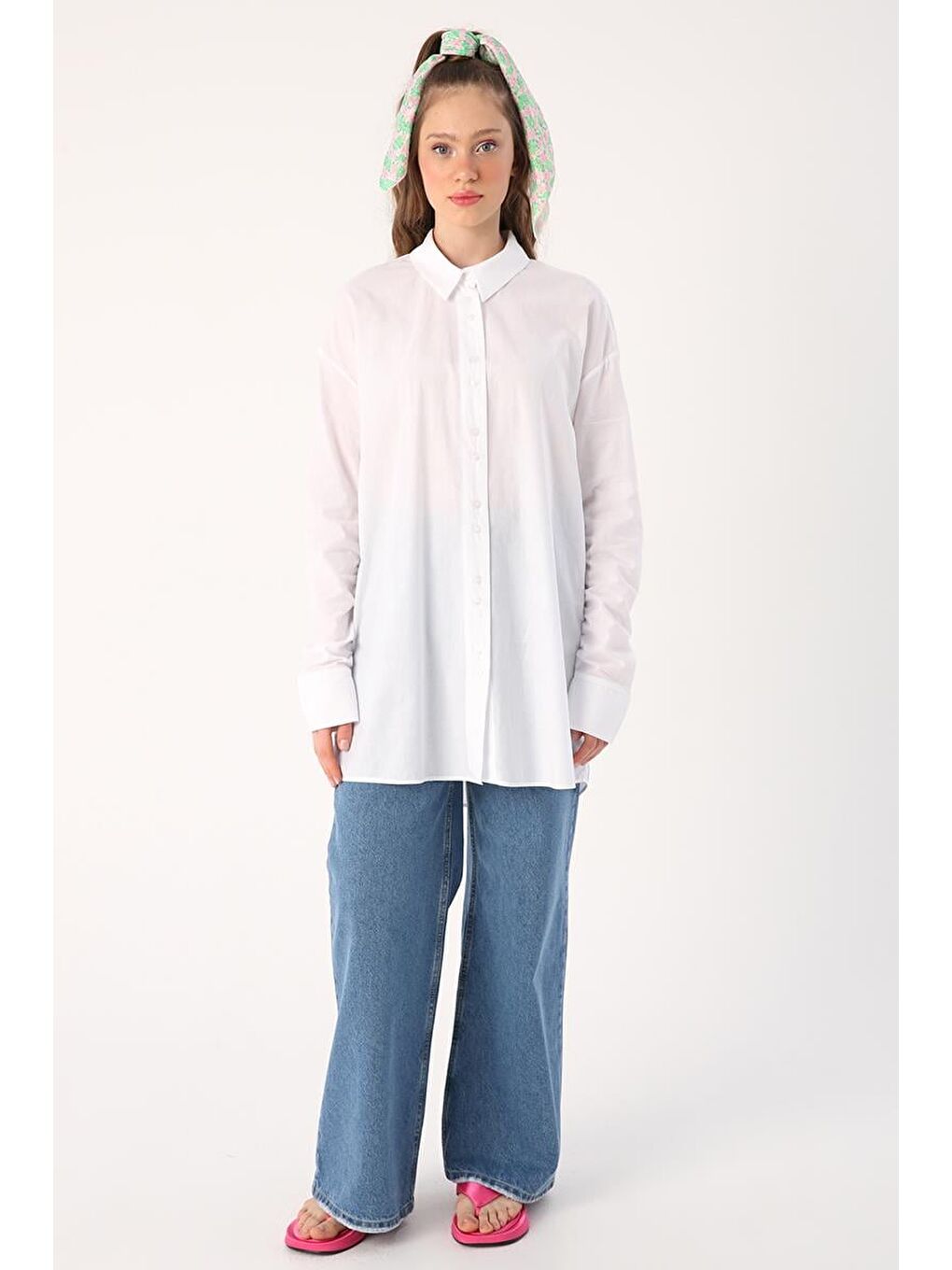 Beyaz %100 Pamuk Oversize Kolu Büzgü Detaylı Gömlek Tunik-1