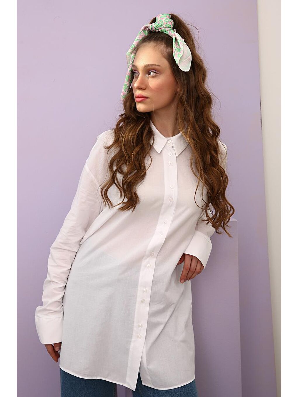 Beyaz %100 Pamuk Oversize Kolu Büzgü Detaylı Gömlek Tunik-4