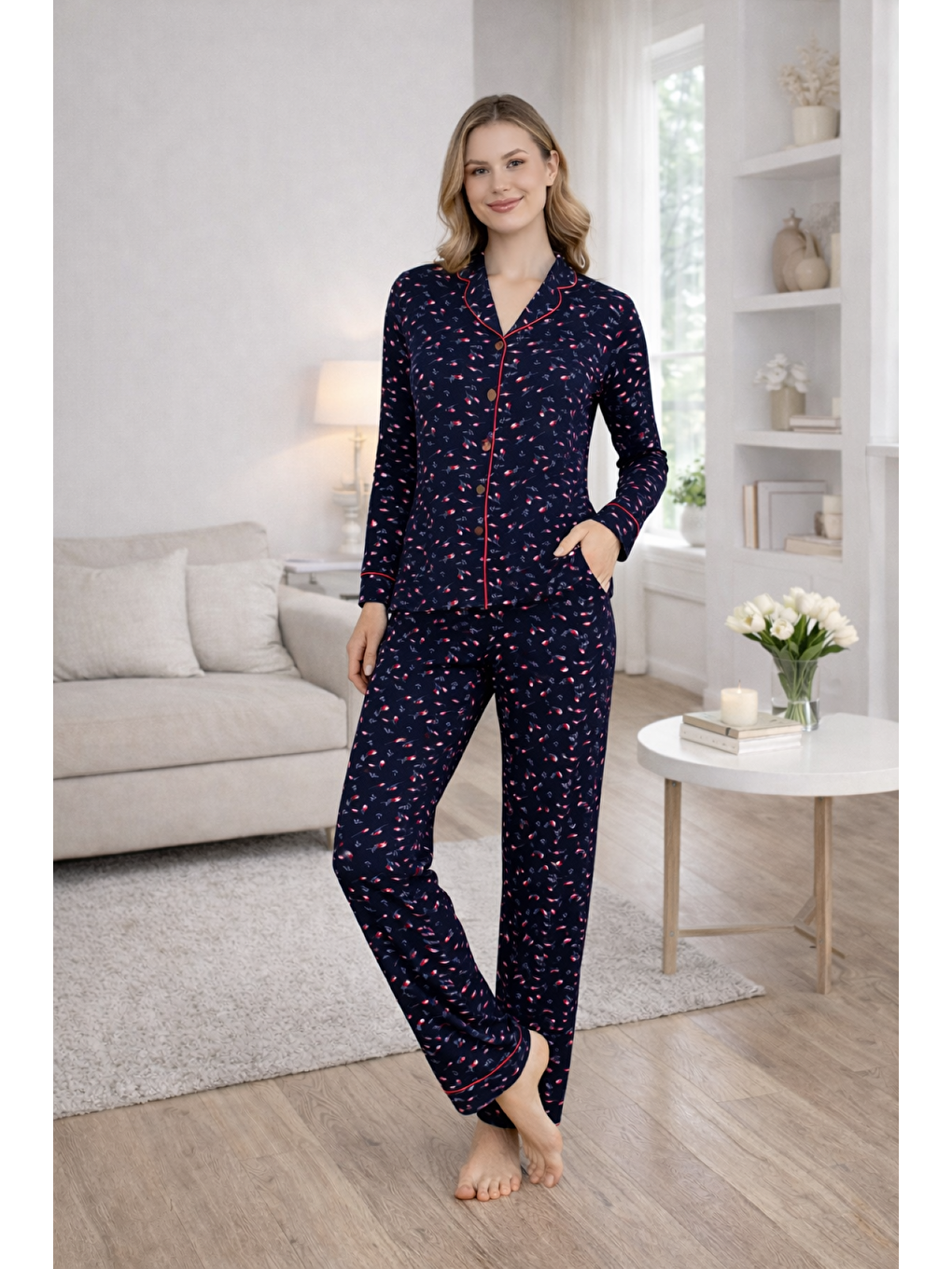 Lacivert PREMIUM Kadın Viskon Gömlek Yaka Boydan Düğmeli Biyeli Yüksek Kalite Uzun Kollu Pijama Takımı-6