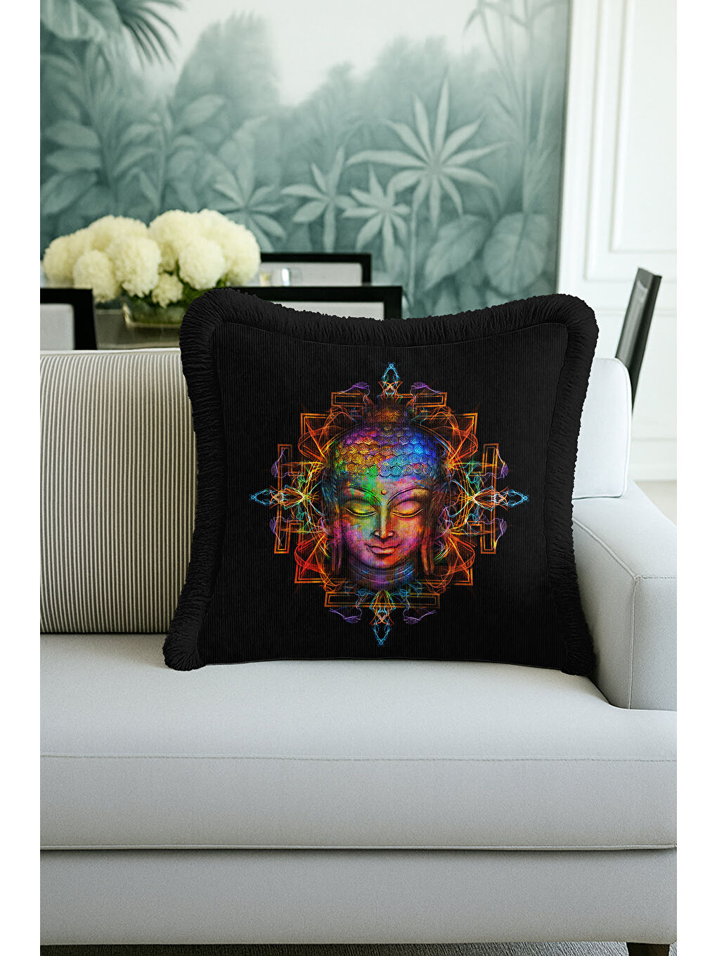 Karışık Etnik Mandala Sanatı Saçaklı Yastık Kılıfı - Meditasyon Temalı Bohem Renkli Püsküllü Kırlent Kılıfı-3