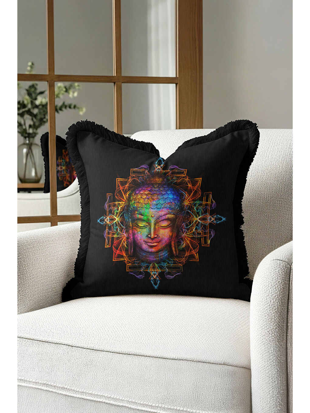 Karışık Etnik Mandala Sanatı Saçaklı Yastık Kılıfı - Meditasyon Temalı Bohem Renkli Püsküllü Kırlent Kılıfı-4