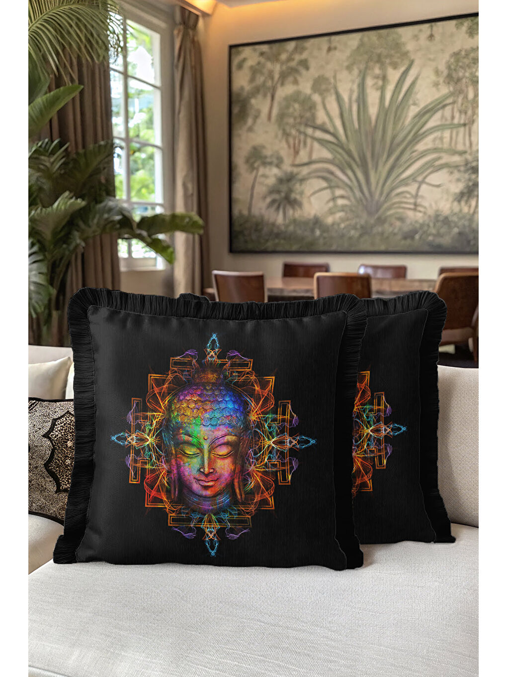 Karışık Etnik Mandala Sanatı Saçaklı Yastık Kılıfı - Meditasyon Temalı Bohem Renkli Püsküllü Kırlent Kılıfı-5