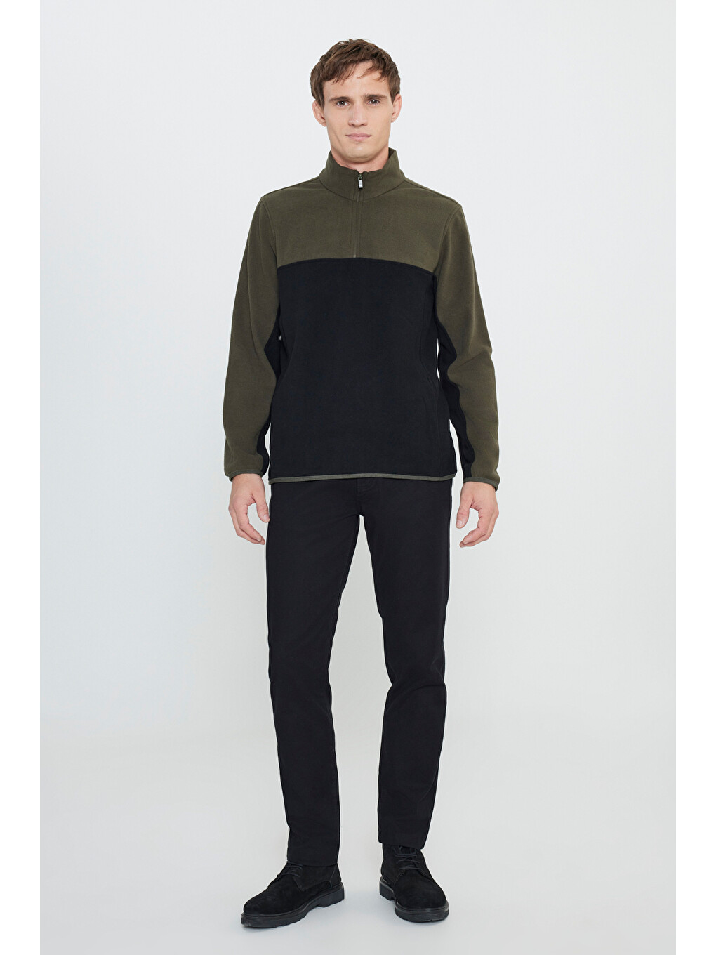 Erkek Haki-siyah Standart Fit Dik Yaka İçi Polarlı Çift Renk Polar Sweatshirt-1