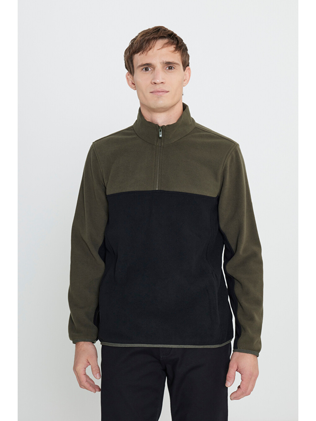 Erkek Haki-siyah Standart Fit Dik Yaka İçi Polarlı Çift Renk Polar Sweatshirt-2
