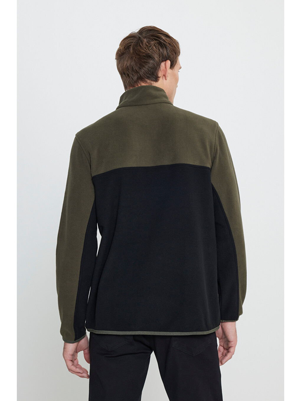 Erkek Haki-siyah Standart Fit Dik Yaka İçi Polarlı Çift Renk Polar Sweatshirt-3