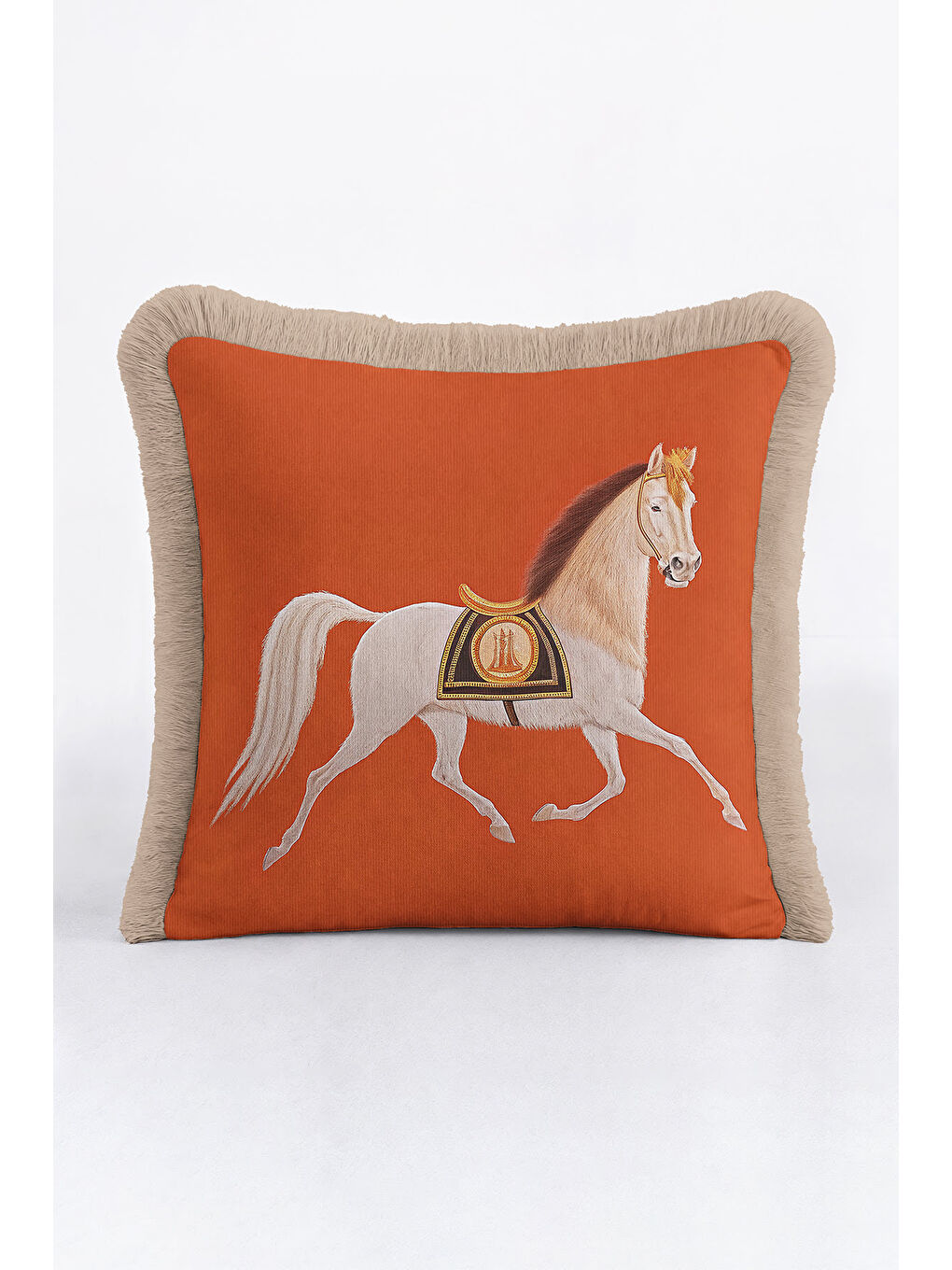 Karışık At Figürlü Saçaklı Yastık Kılıfı - Zarif Bohem Tarçın Bej Püsküllü Kırlent Kılıfı-1