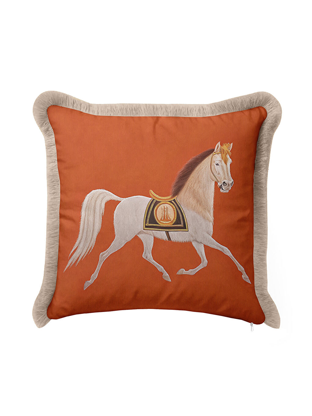 Karışık At Figürlü Saçaklı Yastık Kılıfı - Zarif Bohem Tarçın Bej Püsküllü Kırlent Kılıfı-2