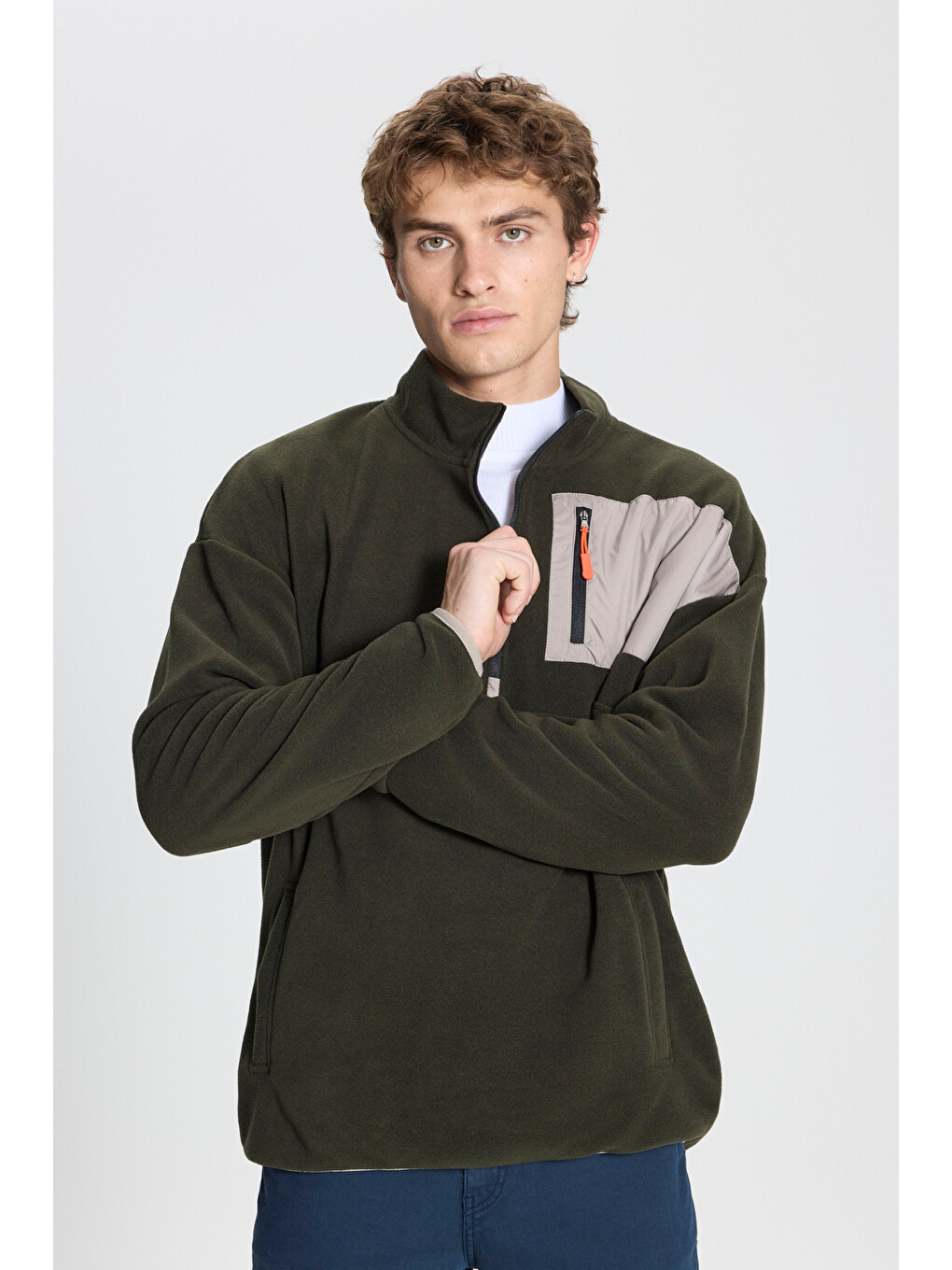 Erkek Haki Oversize Bol Kesim Bato Yaka Cep Detaylı Fermuarlı Soğuk Geçirmez Polar Sweatshirt