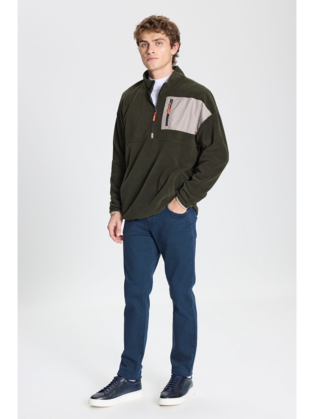 Erkek Haki Oversize Bol Kesim Bato Yaka Cep Detaylı Fermuarlı Soğuk Geçirmez Polar Sweatshirt-1