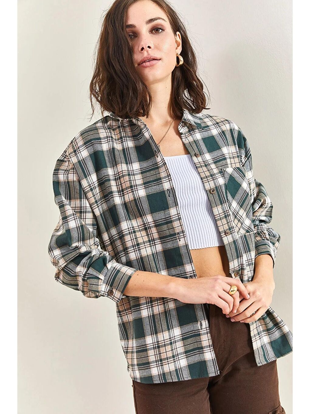 Yeşil Kadın Ekose Desenli Pamuk Gömlek-2
