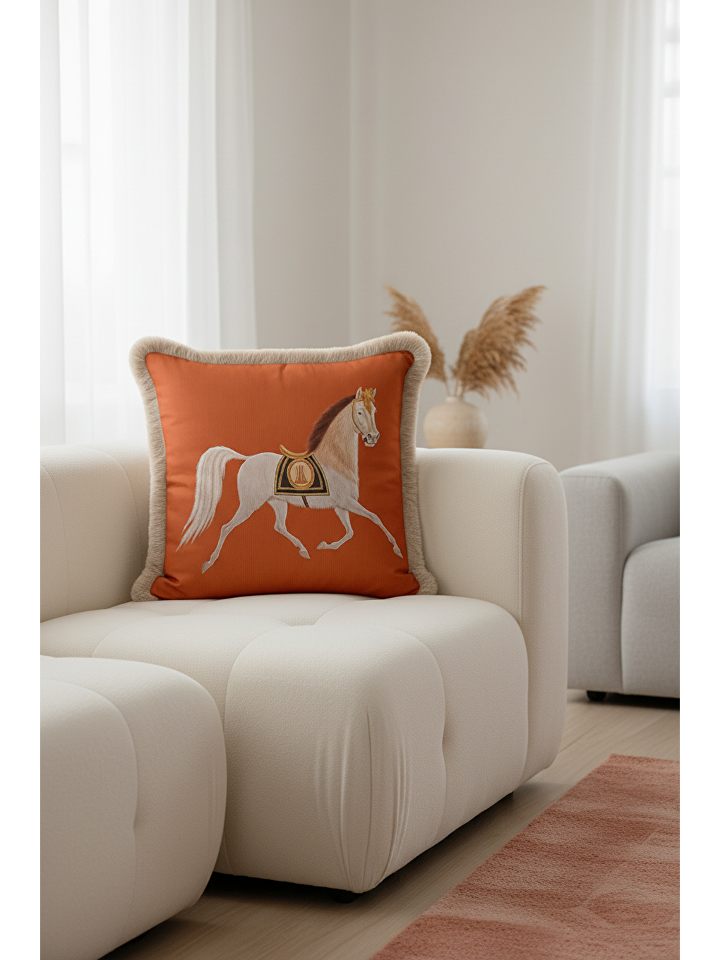 Karışık At Figürlü Saçaklı Yastık Kılıfı - Zarif Bohem Tarçın Bej Püsküllü Kırlent Kılıfı-3