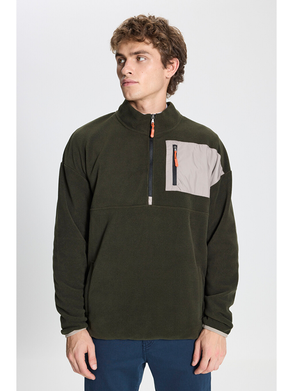 Erkek Haki Oversize Bol Kesim Bato Yaka Cep Detaylı Fermuarlı Soğuk Geçirmez Polar Sweatshirt-2