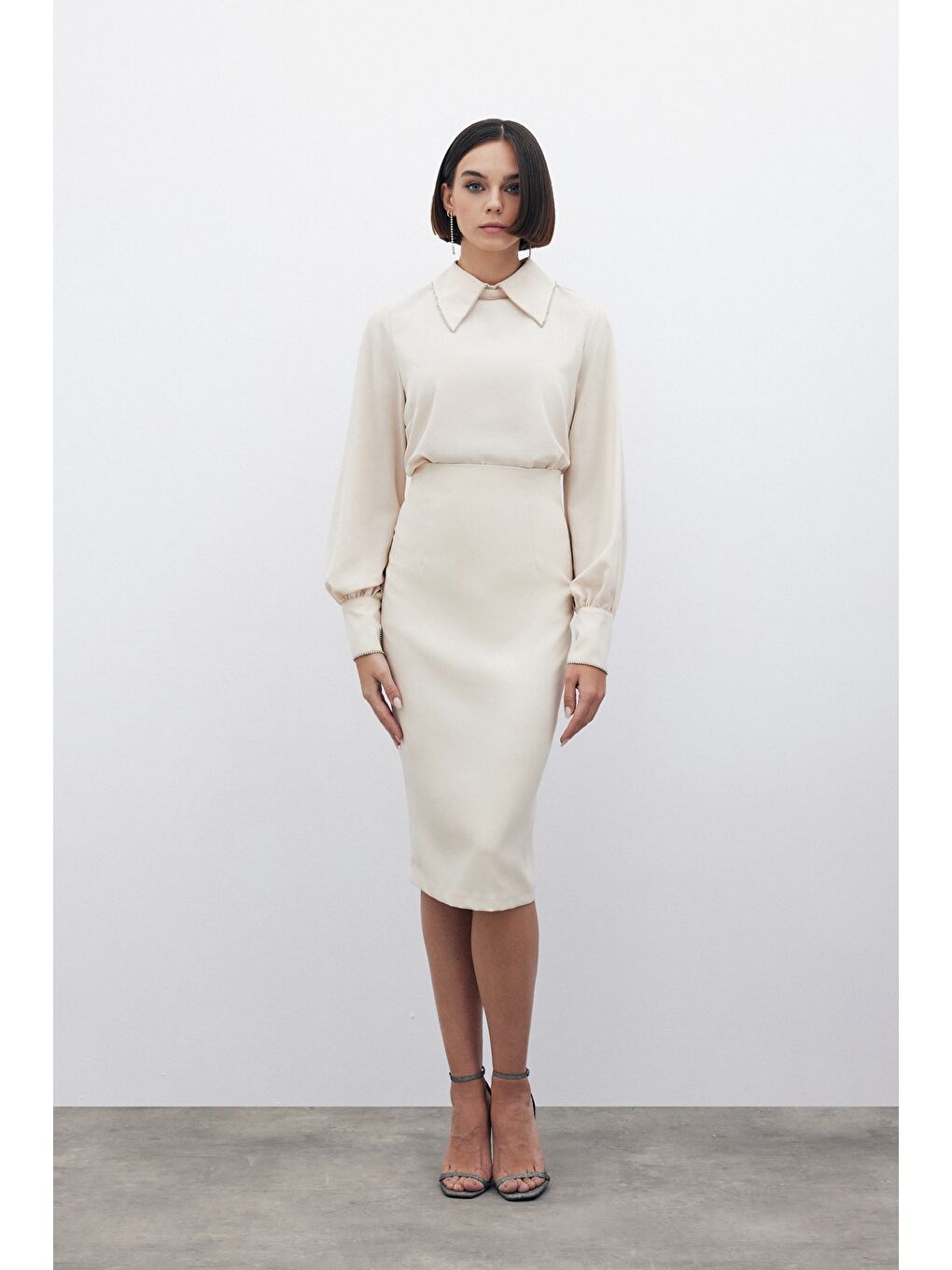 Düz Kalem Etek - Bej-3