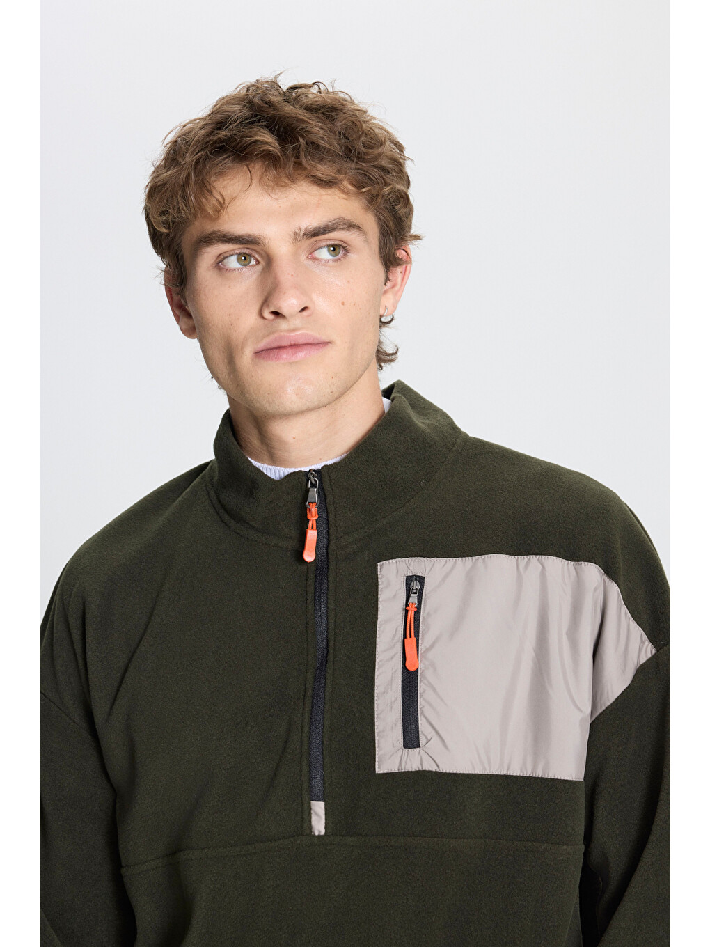 Erkek Haki Oversize Bol Kesim Bato Yaka Cep Detaylı Fermuarlı Soğuk Geçirmez Polar Sweatshirt-3