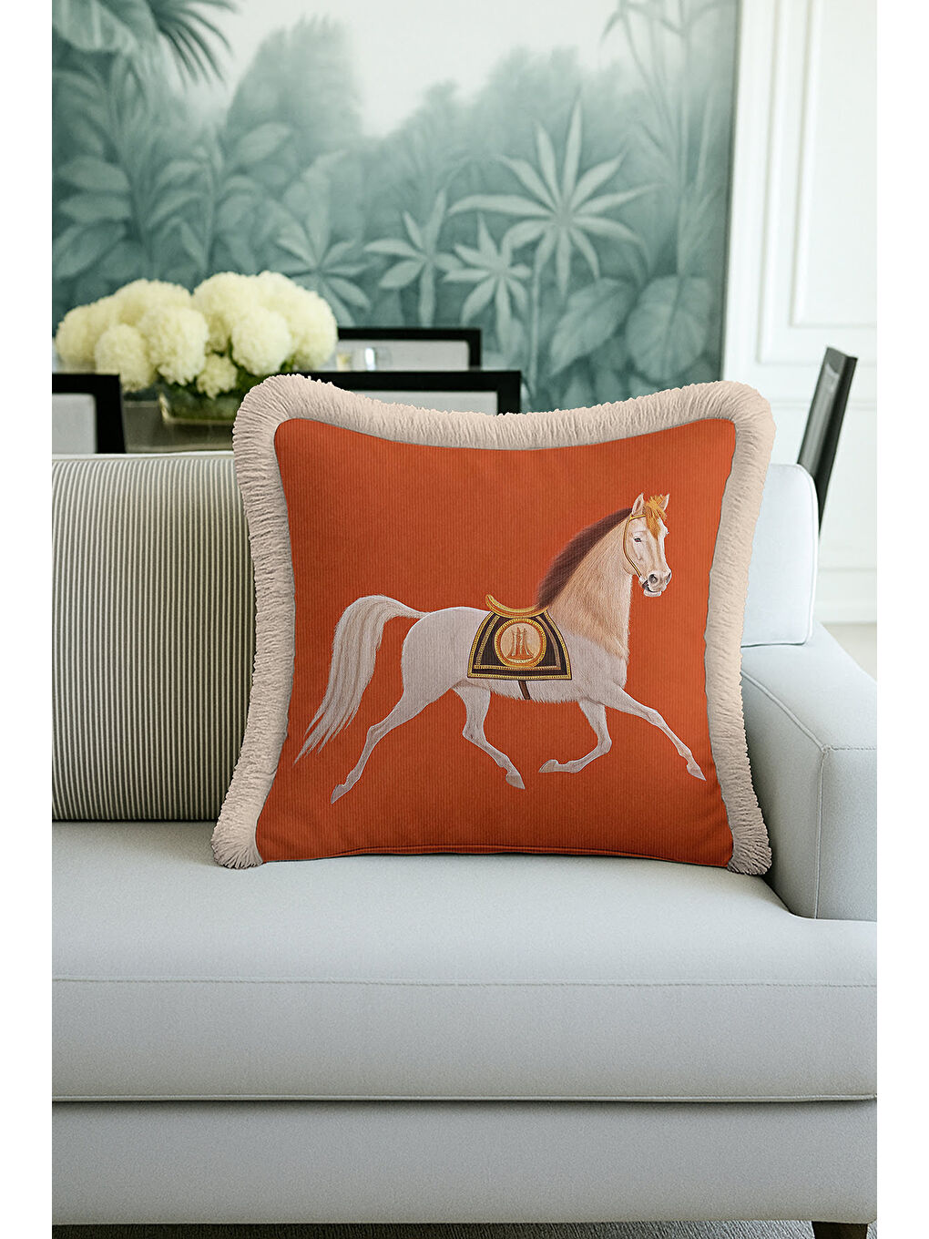 Karışık At Figürlü Saçaklı Yastık Kılıfı - Zarif Bohem Tarçın Bej Püsküllü Kırlent Kılıfı-4