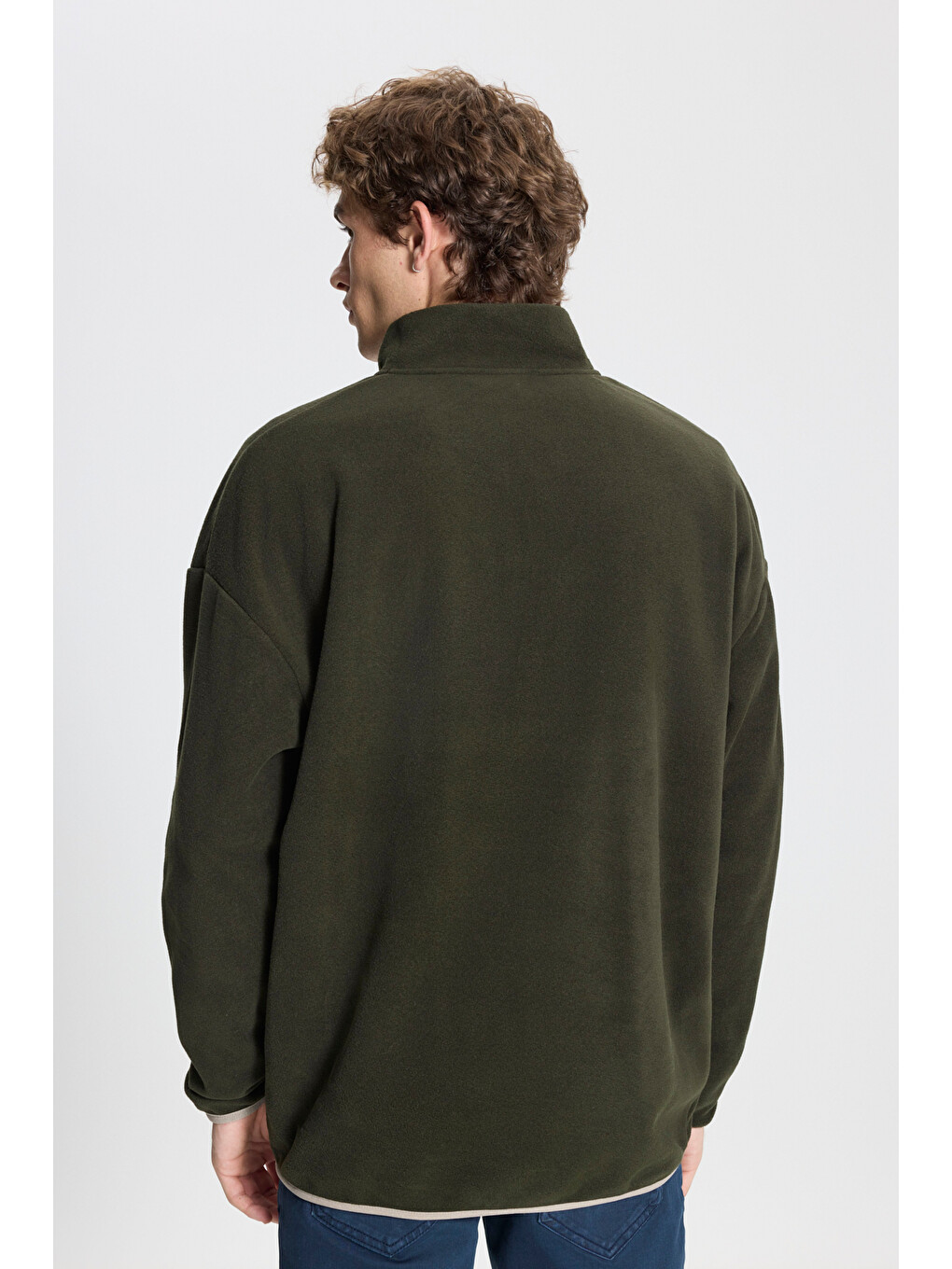 Erkek Haki Oversize Bol Kesim Bato Yaka Cep Detaylı Fermuarlı Soğuk Geçirmez Polar Sweatshirt-4