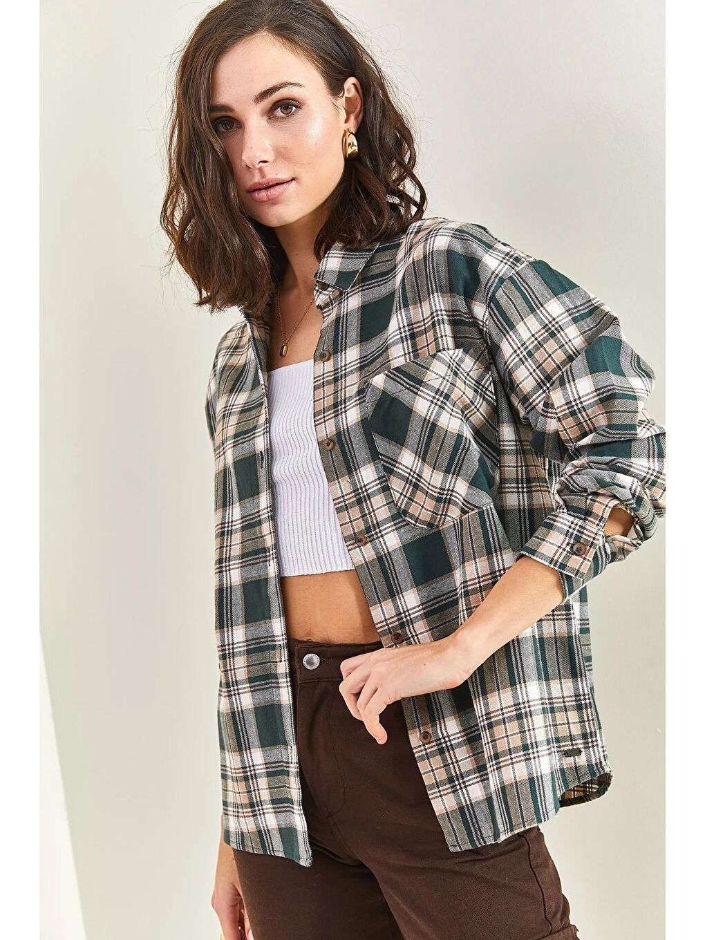 Yeşil Kadın Ekose Desenli Pamuk Gömlek-3