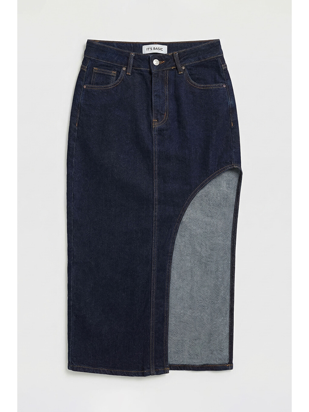 Kadın İndigo Selvedge 7s6-50 Maxi Yandan Yırtmaç Detaylı Tasarım Elastanlı Kumaş Denim Etek