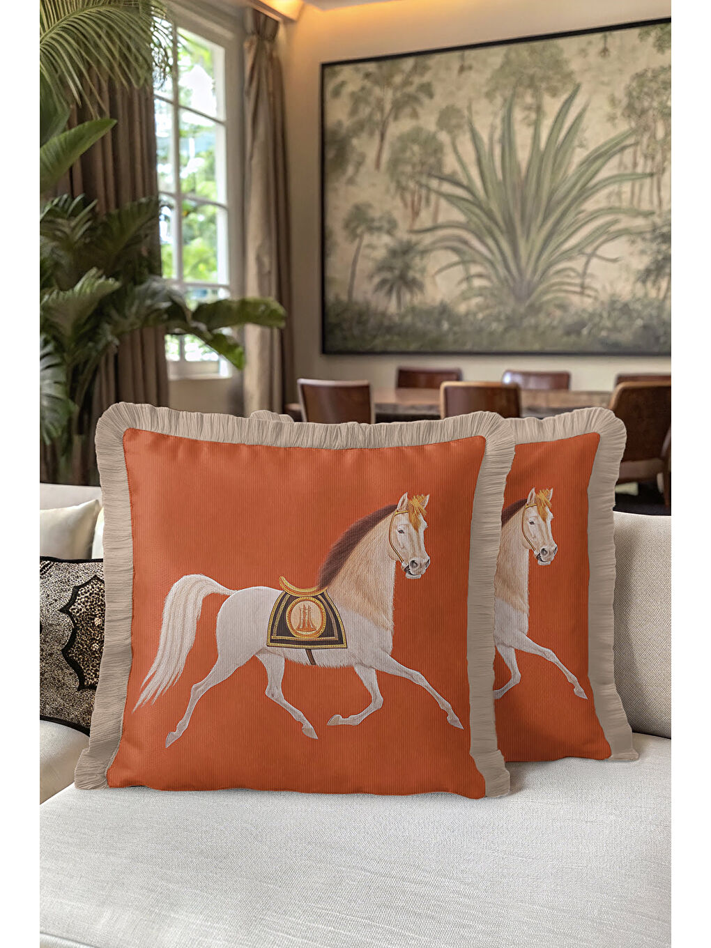 Karışık At Figürlü Saçaklı Yastık Kılıfı - Zarif Bohem Tarçın Bej Püsküllü Kırlent Kılıfı-5
