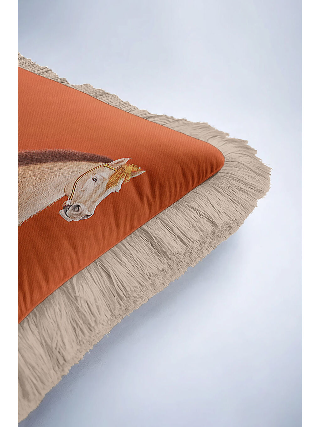 Karışık At Figürlü Saçaklı Yastık Kılıfı - Zarif Bohem Tarçın Bej Püsküllü Kırlent Kılıfı-6