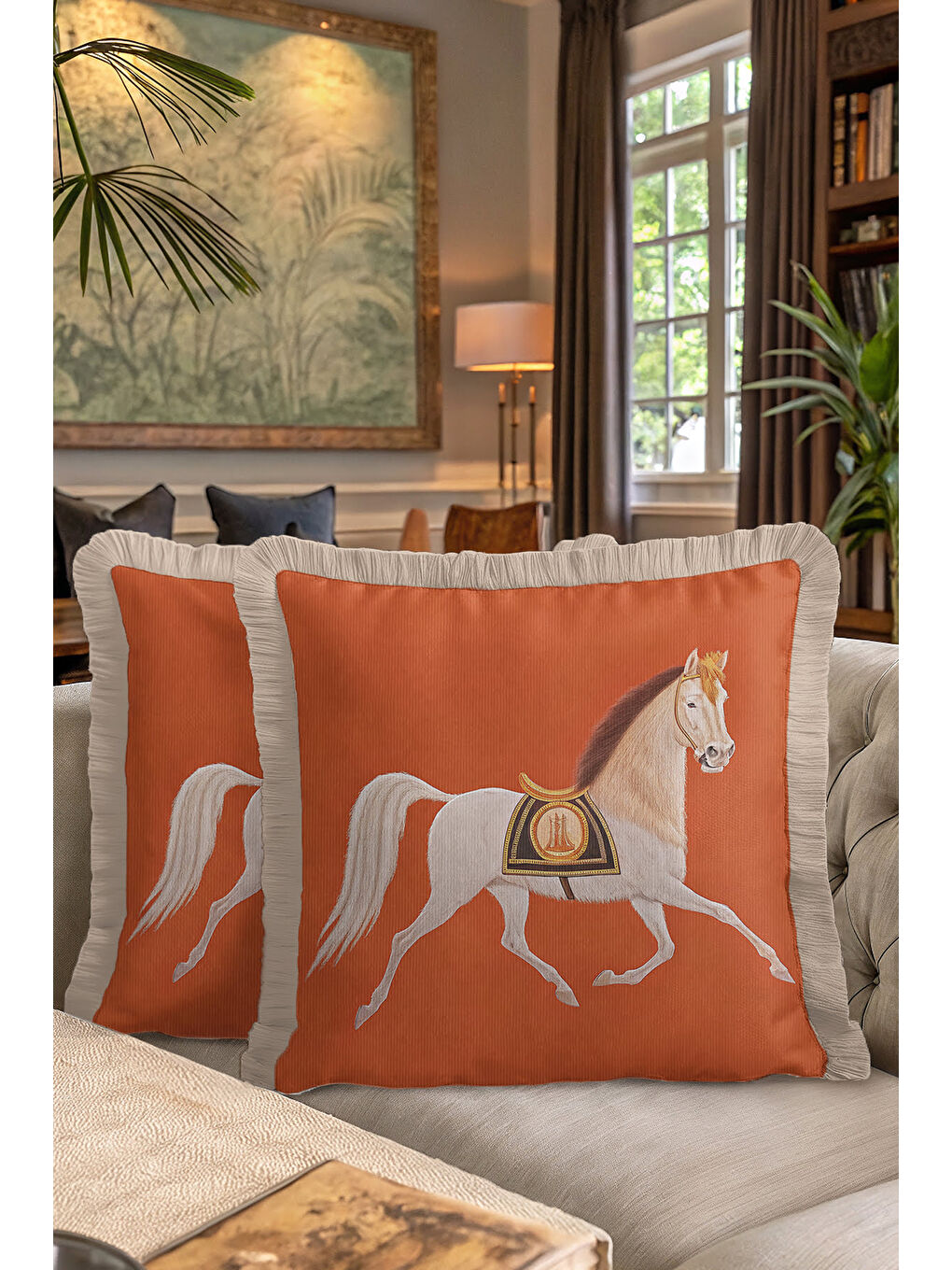 Karışık At Figürlü Saçaklı Yastık Kılıfı - Zarif Bohem Tarçın Bej Püsküllü Kırlent Kılıfı-7