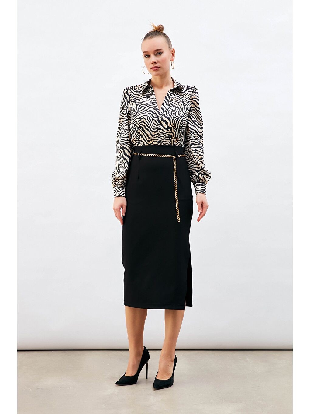 Zincir Kemerli Kalem Etek - Siyah-1