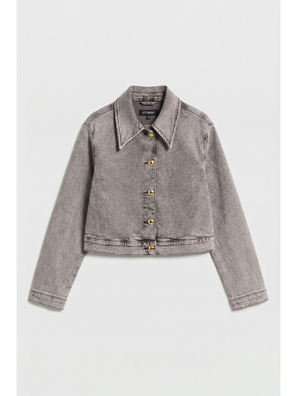 Kadın Gri 3s6-158 Crop Fit Esnek Kumaş Düğmeli Denim Ceket